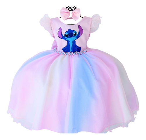 Vestido Inafntil Rosa Stitch De Luxo Com Tiara