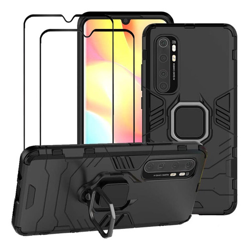 Funda Negra Anillo + Protector Para Xiaomi Mi Note 10 Lite