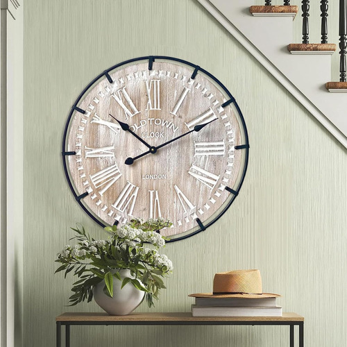 Reloj De Pared Grande De 24 Pulgadas, De Madera Antigua Rúst