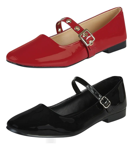 Duo Pack Balerina De Charol Mujer Castalia Rojo Y Negro | Meses sin interés