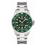 Reloj Swiss Alpine Military Master Diver Gmt 7052.1134sam Malla Plateado Bisel Verde Fondo Verde