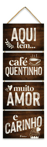 Quadrinhos Com Corda Sisal Frases - Aqui Tem Café Quentinho Cor Marrom