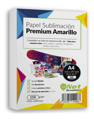 Papel Sublimación Amarillo Secado Rápido 110gr 100hojas A4