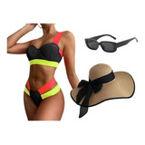 Bikini Set Lentes De Sol Uv400 Gratis+gorro De Playa