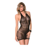 Lenceria Vestido Malla Eslastica Sexy Mujer, Color Negro