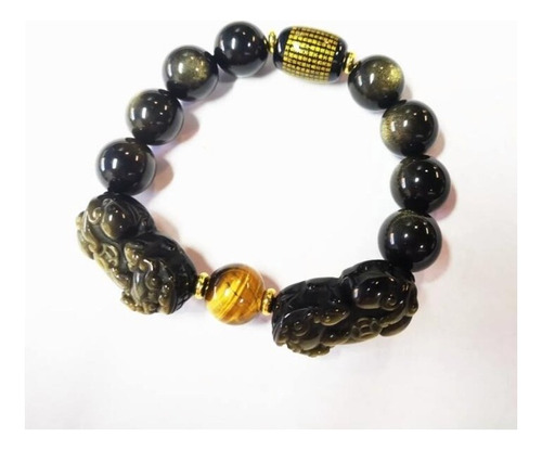 Pulsera Doble Pixiu De Obsidiana De Oro Feng Shui