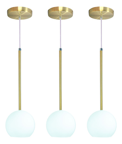 Kit 3 Pendente Lux Dourado Globo Vidro Branco Fosco + Led