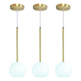 Kit 3 Pendente Lux Dourado Globo Vidro Branco Fosco + Led