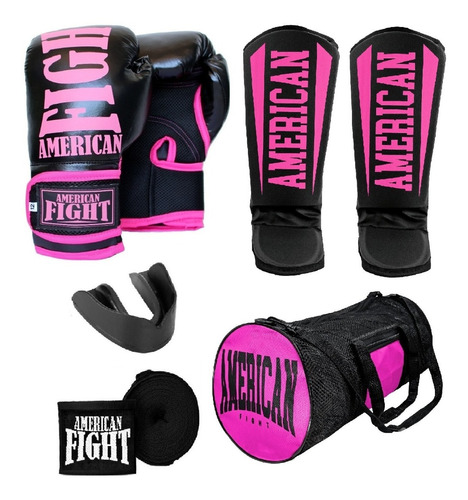 Kit Muay Thai Boxe Luva Caneleira Bolsa Bandagem Bucal Rosa