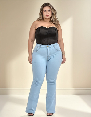 Calça Jeans Feminina Cintura Alta Plus Size Flare Elastano