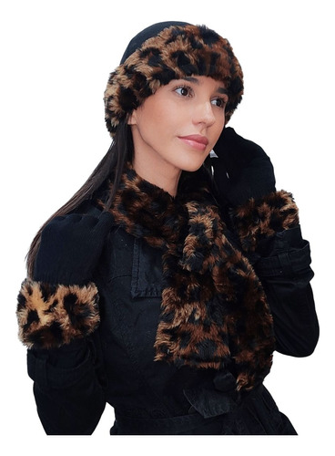 Kit Animal Print Cachecol E Touca Gorro Feminino Estola Pele