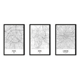 3 Cuadros Ciudades Mapa 45x30 Marco Impreso Com1 Decofactory