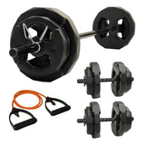 Barra + 2 Mancuernas + 24 Kg En Discos Con Manija Kit Set