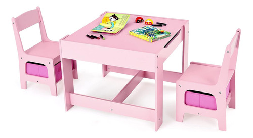 Mmesa Y Silla Para Niños De Madera 3 En 1 Con Cajón Rosa