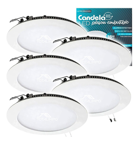 5 Plafones Led Redondos Embutir 18w Fría Candela 6821 Cuota