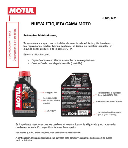 Aceite Moto 4t 7100 20w50 100% Sintetico Motul 1l