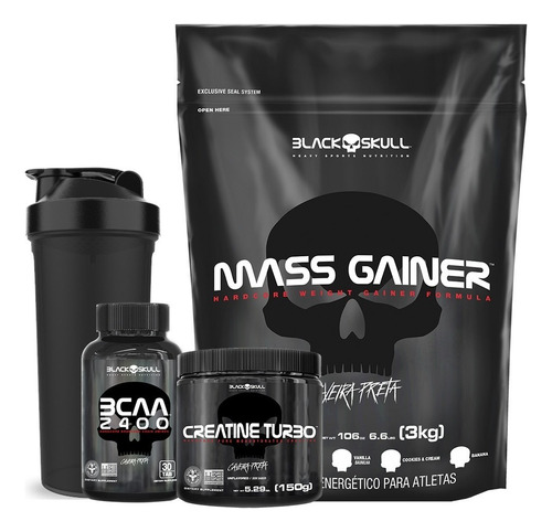 Mass Gainer 3kg + Bcaa + Creatina + Shaker - Black Skull Sabor Chocolate