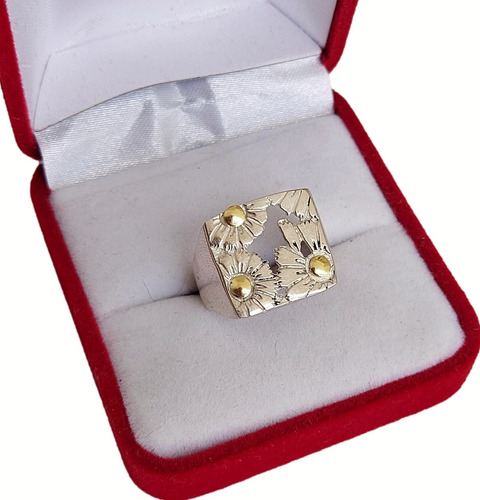 Anillo Cuadrado De Flores Plata Y Oro (an15)