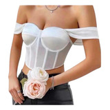 Crop Top Corset Satin Con Transparencia Varillas 