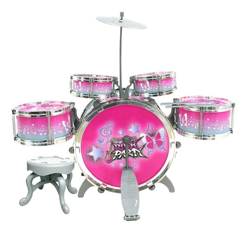 Bateria Dm Toys Rock Party Dmt5366 Instrumento Infantil C/ Banquinho E Pedal Cor Rosa