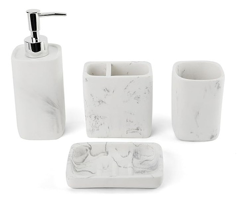 Set De Baño X4 Piezas Simil Marmol Dispenser Jabonera Vaso