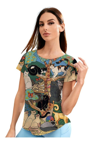 Blusa De Dama Moda Casual Estampado Gatos Corte Juvenil