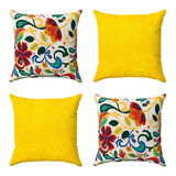 Kit 4 Capas De Almofada Jacquard Floral Amarelo 45x45 Cm