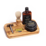 Kit Loção Pós-barba Creme De Barbear Pincel Suporte Madeira