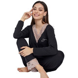 Pijama Dama Escote En V Con Encaje En Cuello Y Puños  Jaia 