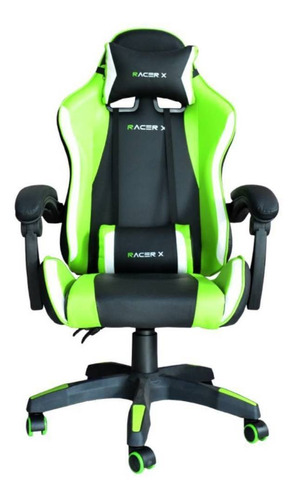 Cadeira De Escritório Racer X Comfort Gamer Ergonômica  Preta, Verde E Branca Com Estofado De Couro Sintético