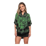 Blusinha Bata Feminina Indiana Kaftan Manga Curta Boho Batik