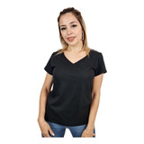 Remera Lisa Escote En V Algodón Peinado Premium Jersey Mujer