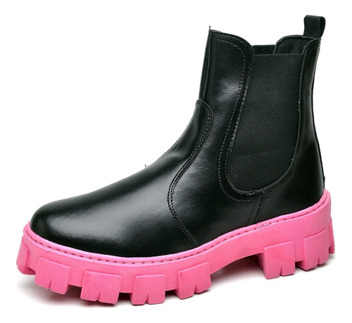 Bota Coturno Tratorado Preto Solado Rosa Original Dubuy