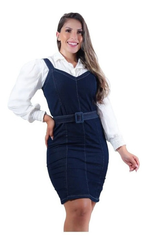 Vestido Jeans Tubinho Escuro De Cinto Com Elastano - Na Moda