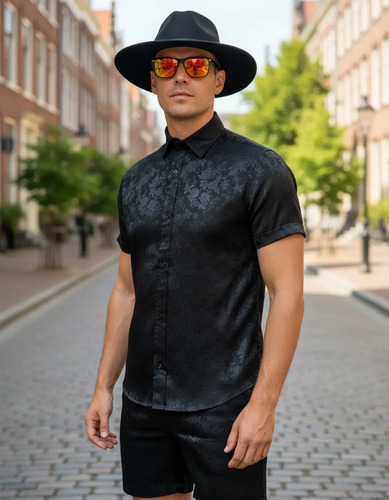 Short Y Camisa De Caballero Satin Grabado Floral 2pzs