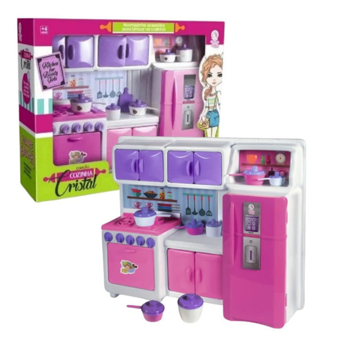 Brinquedo Cozinha Infantil Armarios Utensilios Geladeira Cor Rosa