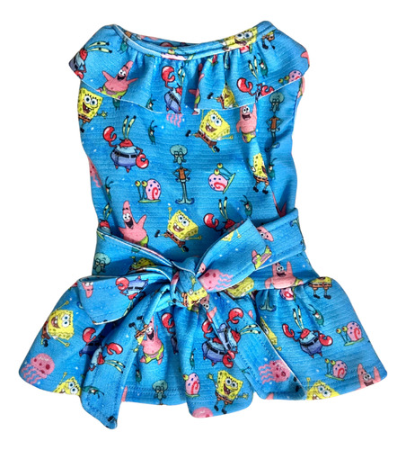 Vestido Laço Azul Bob Esponja Para Cachorro E Gato