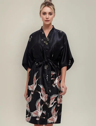 Bata Tipo Kimono Japonesa Yukata Crane, Manga Corta, Cómoda