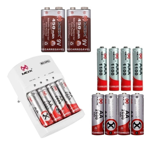 Carregador + 8 Pilhas Aa + 4 Aaa + 2 Baterias 9v 450mah Mox