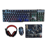 Combo Teclado Con Luz Mouse 4d 2400 Dpi Auricular Mouse Pad