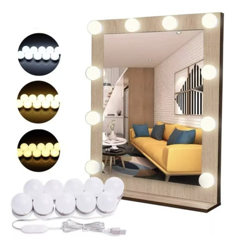 10 Focos Led Usb Luces Vanity Espejo Maquillaje Color Blanco