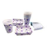 Kit Vasos Platos Y Cubiertos Blanco Morado Estrellas X 12 Un