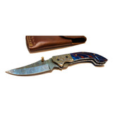 Canivete Aço Damasco + Bainha De Couro Genuíno Cor Azul
