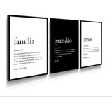 Kit 3 Quadros Família Gratidão Amor Significado 60x40cm Cor Preto