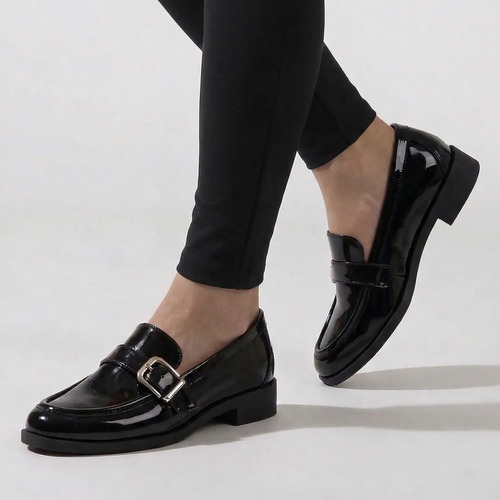 Mocasin Charol Negro Mujer Salamandra Hebilla 08604 Confort