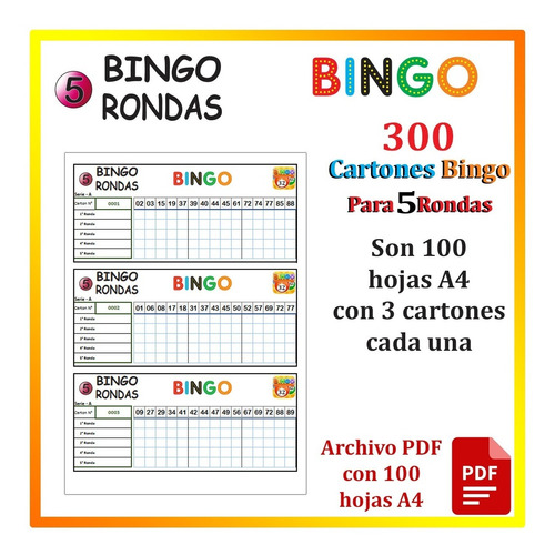 300 Cartones Bingo De 5 Rondas 3 Cartones Por Hoja 100 Hojas