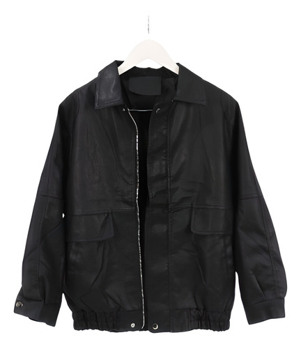 Campera Bomber Eco Cuero Mujer Oversize Negro Importado