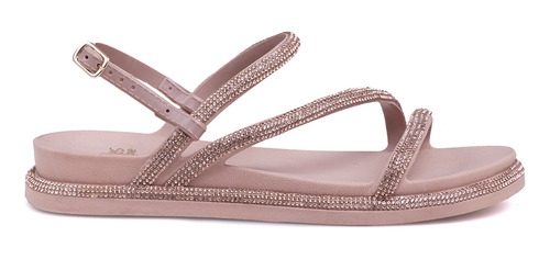 Sandália Birken Tiras Amarrar Strass Flat Form Nude Brilho