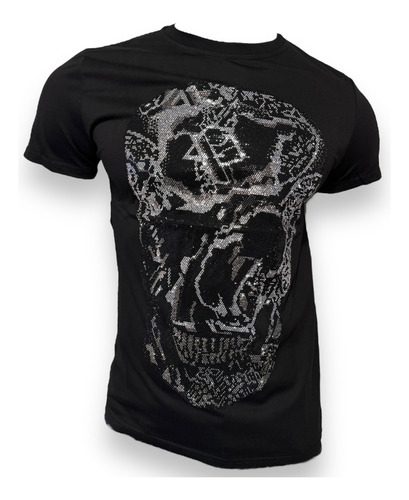 Playera Calavera Pedrería Franjas Tipo Philip Plein Slim Fit