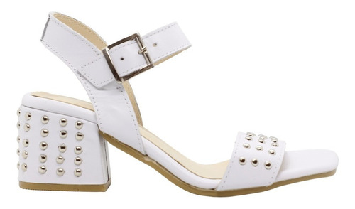 Sandalias Mujer Cuero Vacuno Taco Bajo Tachas Blanco Gales